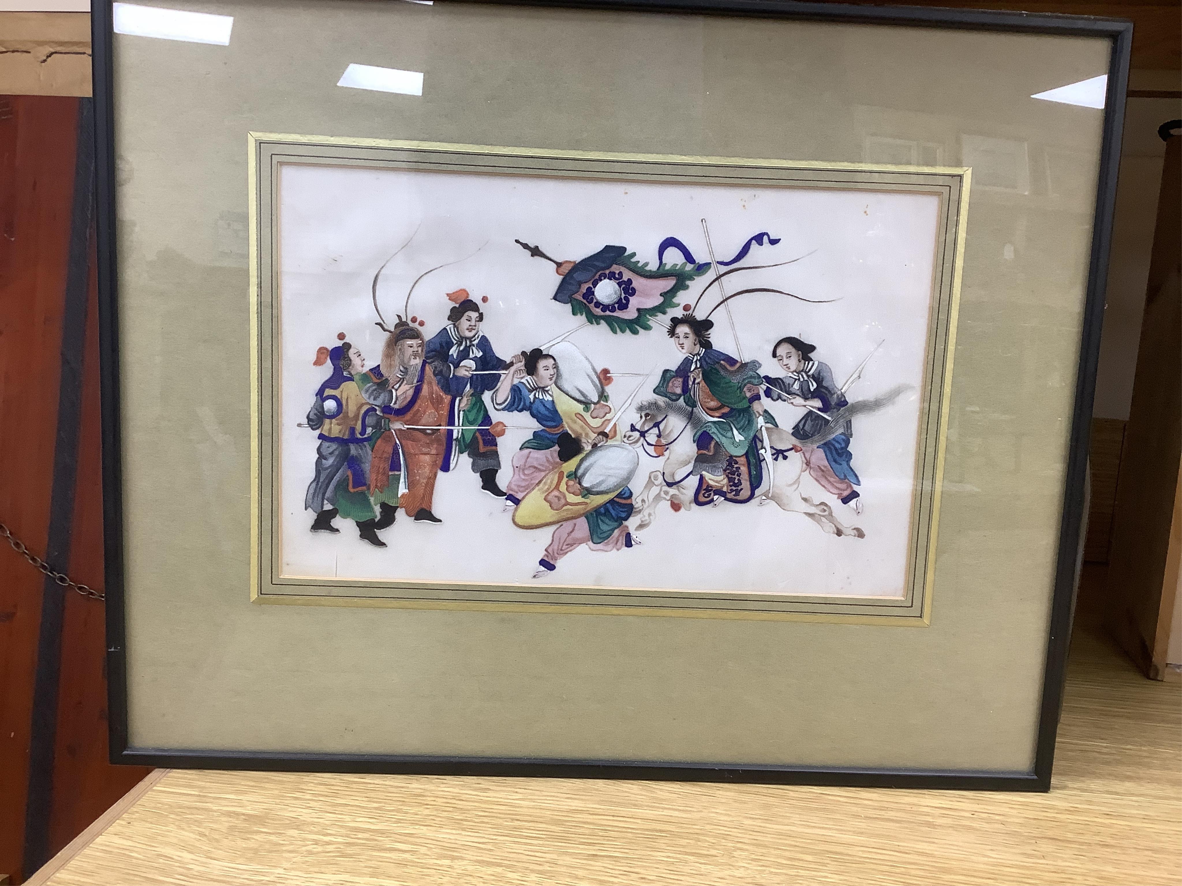 A collection of Chinese and Japanese paintings to include; a pair of Chinese pith paper paintings and Japanese woodblock prints, largest 18 x 30cm. Condition - varies, mostly fair